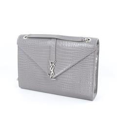 YVES SAINT LAURENT Crocodile Embossed Grey Leather Envelope Bag